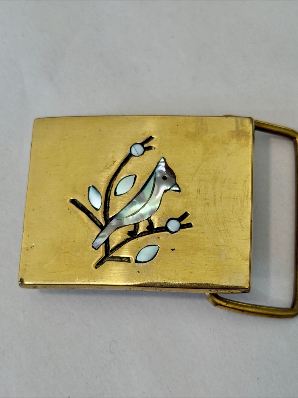 Deadstock Brass Abalone Mother of Pearl Bird Inlay Belt Buckle Vintage